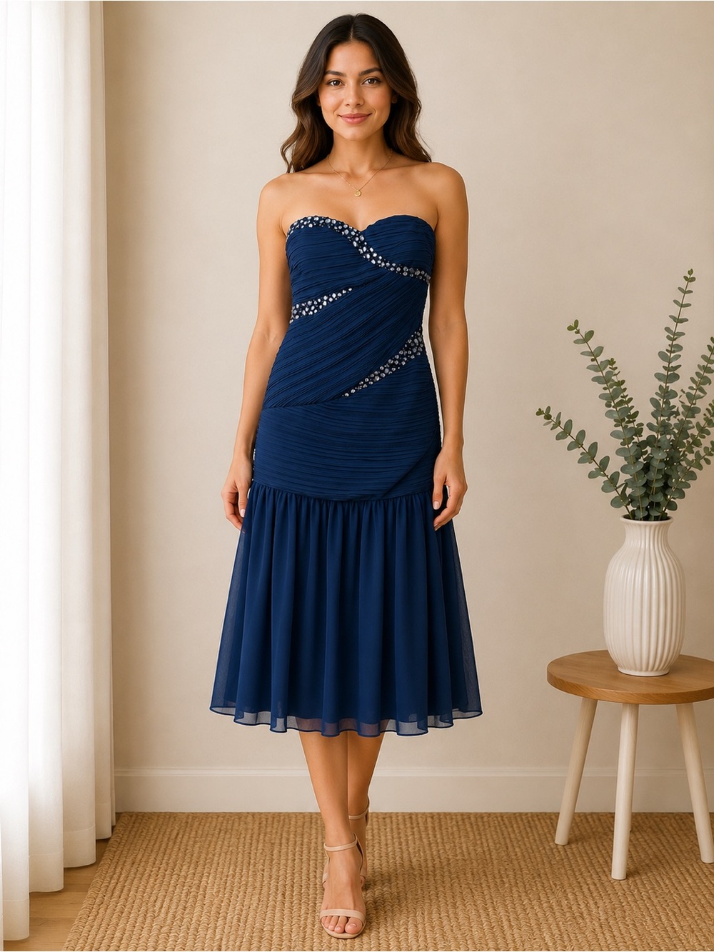 Point Blue Strapless Beaded Chiffon Midi Dress Size M/M